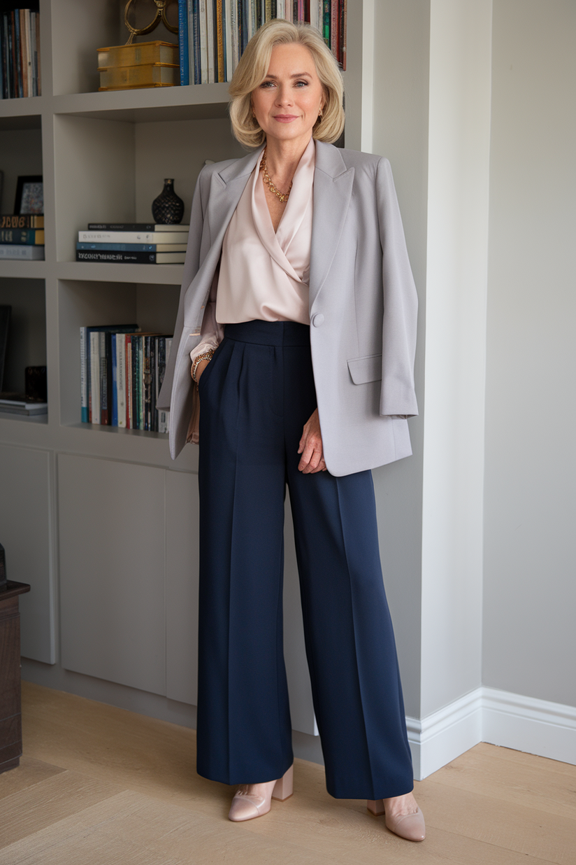 Gray blazer, light pink blouse, navy trousers, and nude heels in an office.