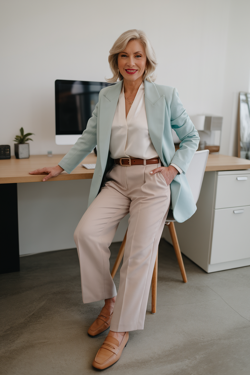 Pastel blue blazer, white blouse, beige trousers, and tan loafers in an office.