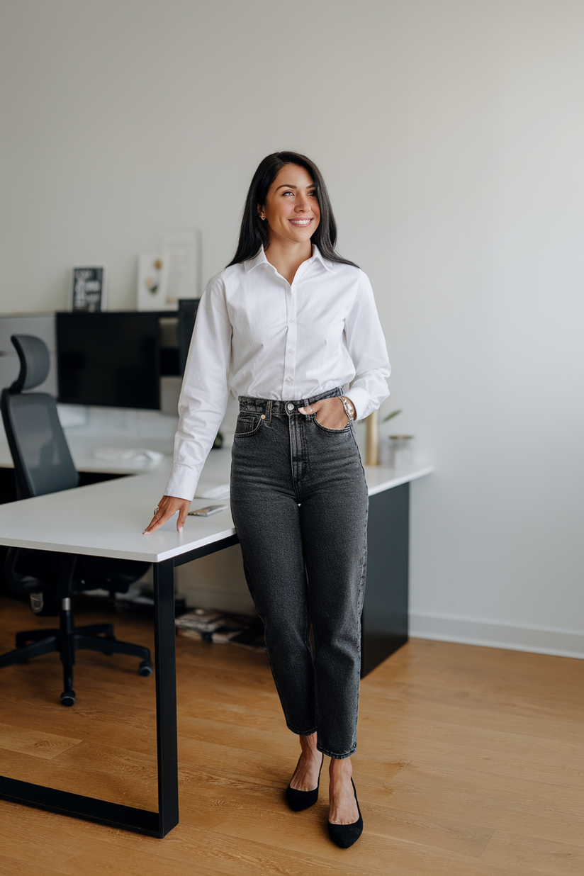 White button-up, dark-wash jeans, and black ballet flats in an office.