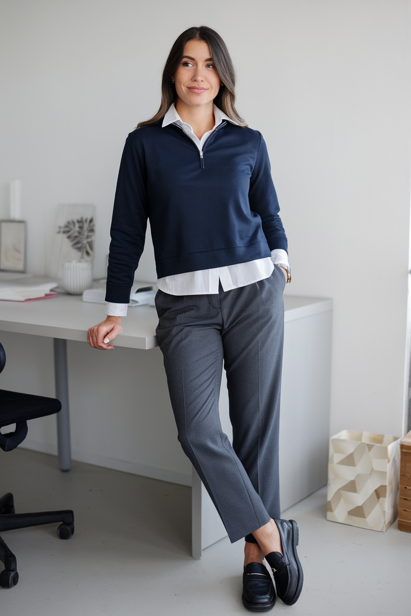 Navy quarter-zip sweater, white collared shirt, gray trousers, and black loafers in an office.