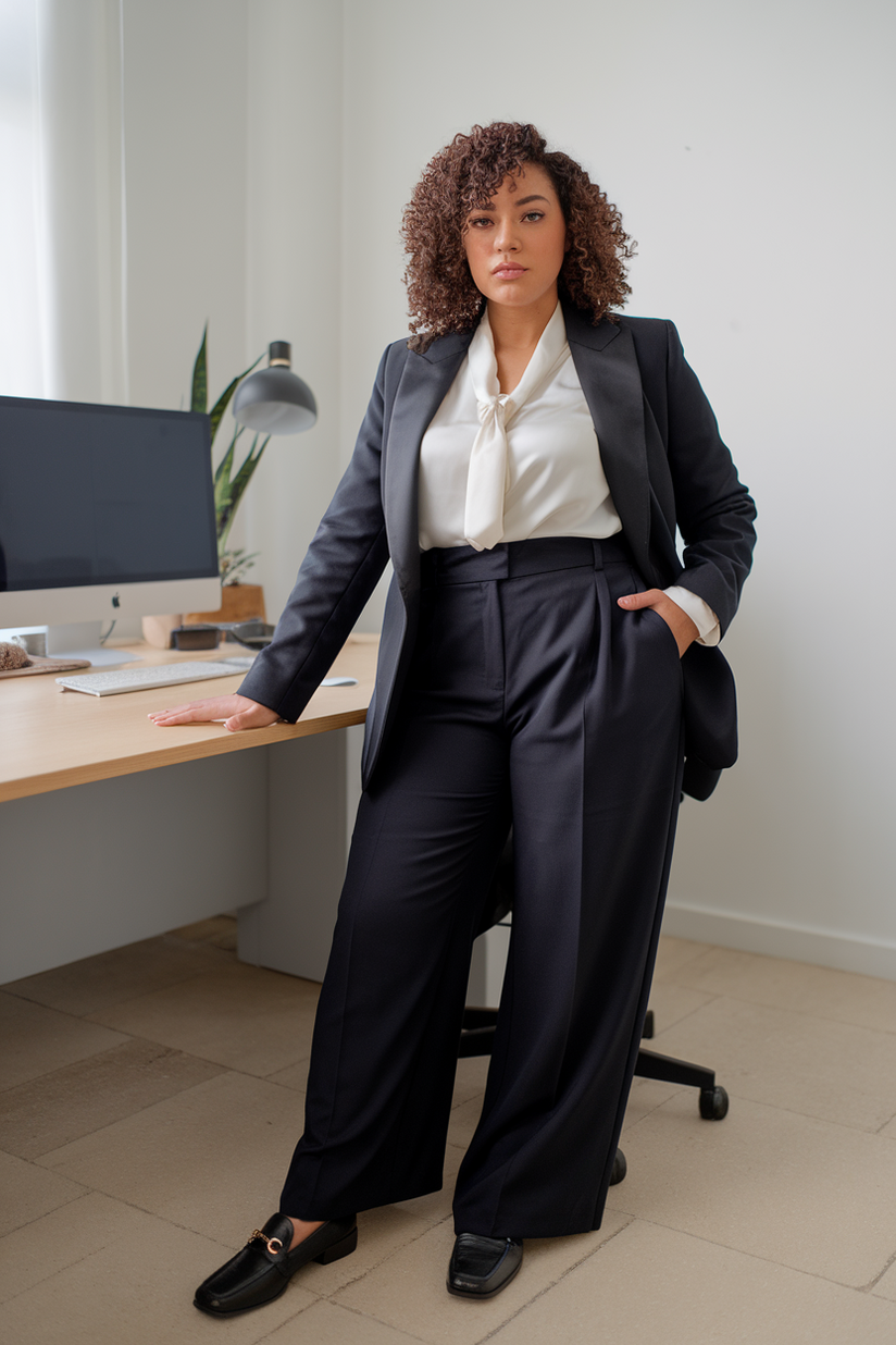 Black blazer, white blouse, navy trousers, and black loafers in an office.