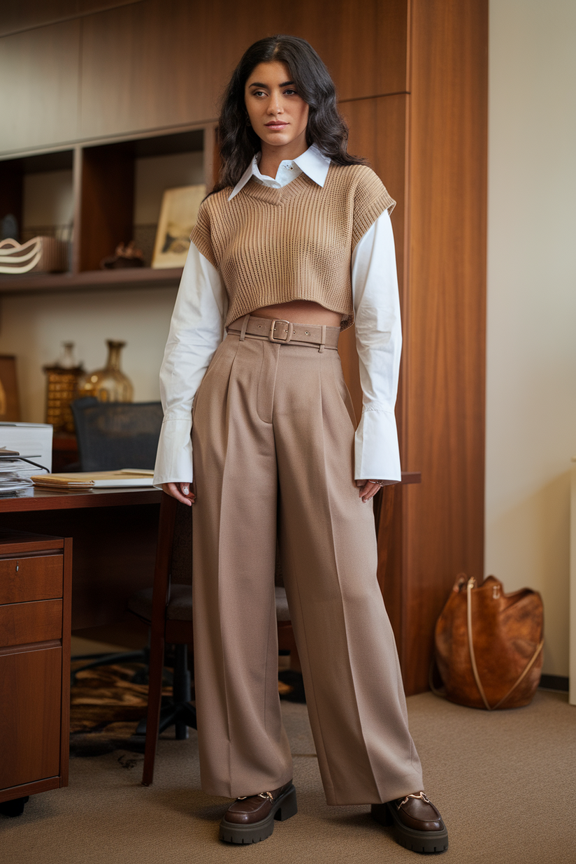 Beige knit sweater, white collared shirt, brown trousers, and chunky loafers in an office.