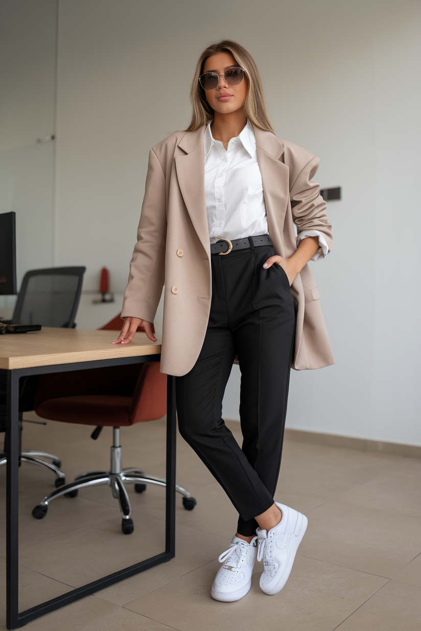 Beige blazer, white button-up, black trousers, and white Air Force 1 sneakers in an office.