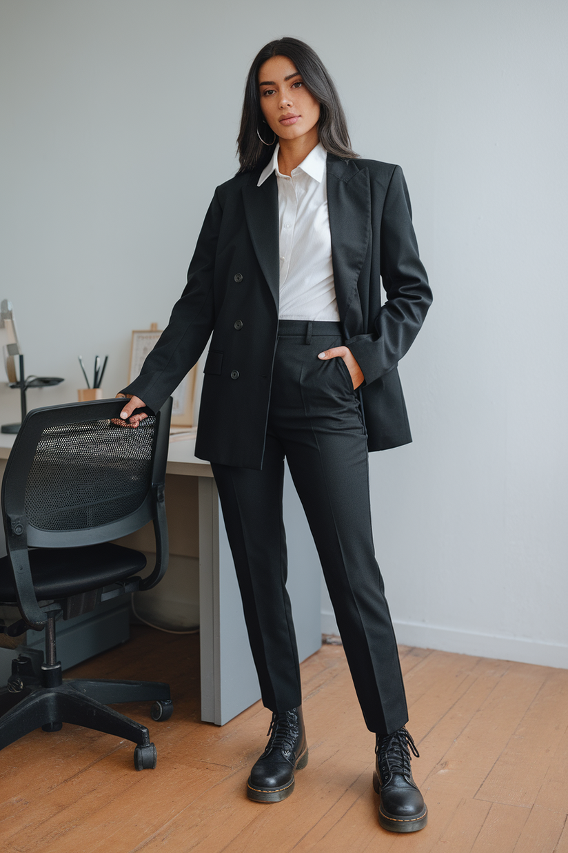 Black blazer, white button-up, black trousers, and black Doc Martens in an office.