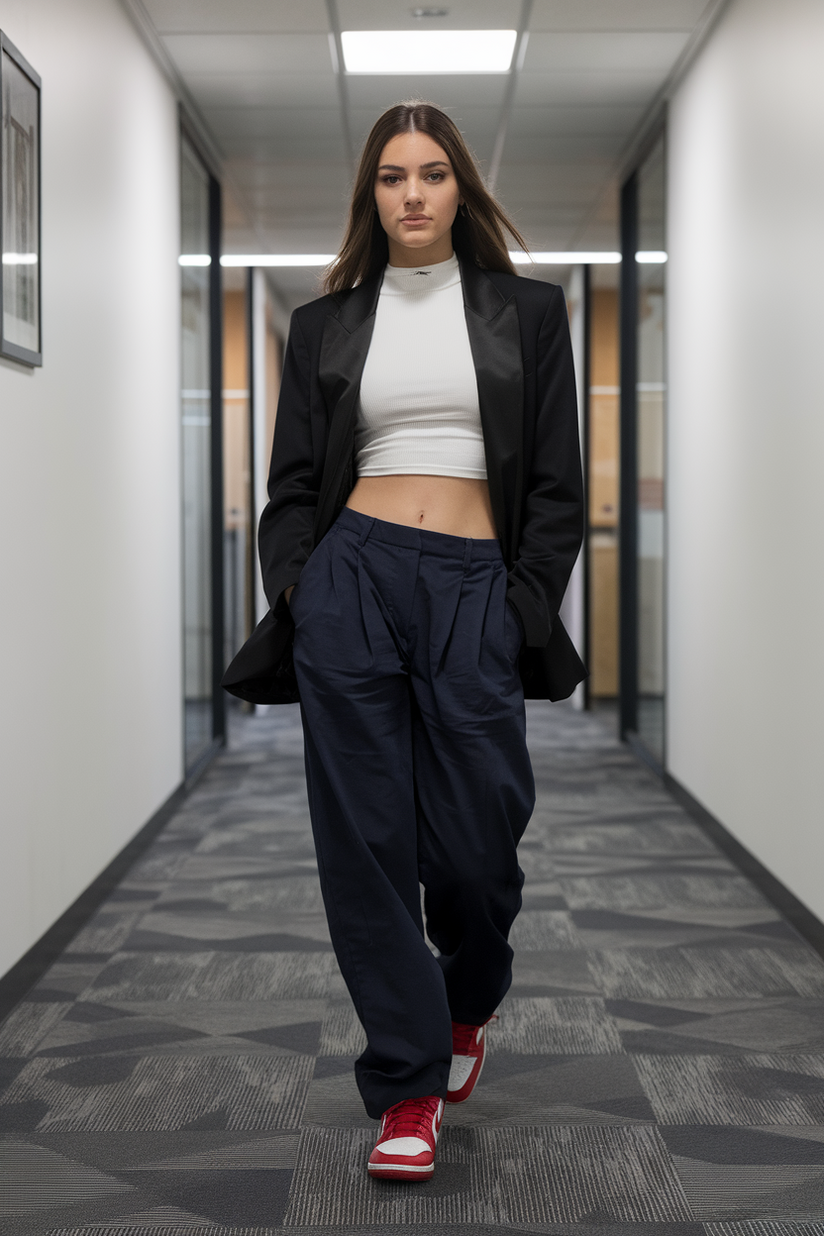 Black blazer, white crop top, navy trousers, and red-and-white Nike Dunks in an office.