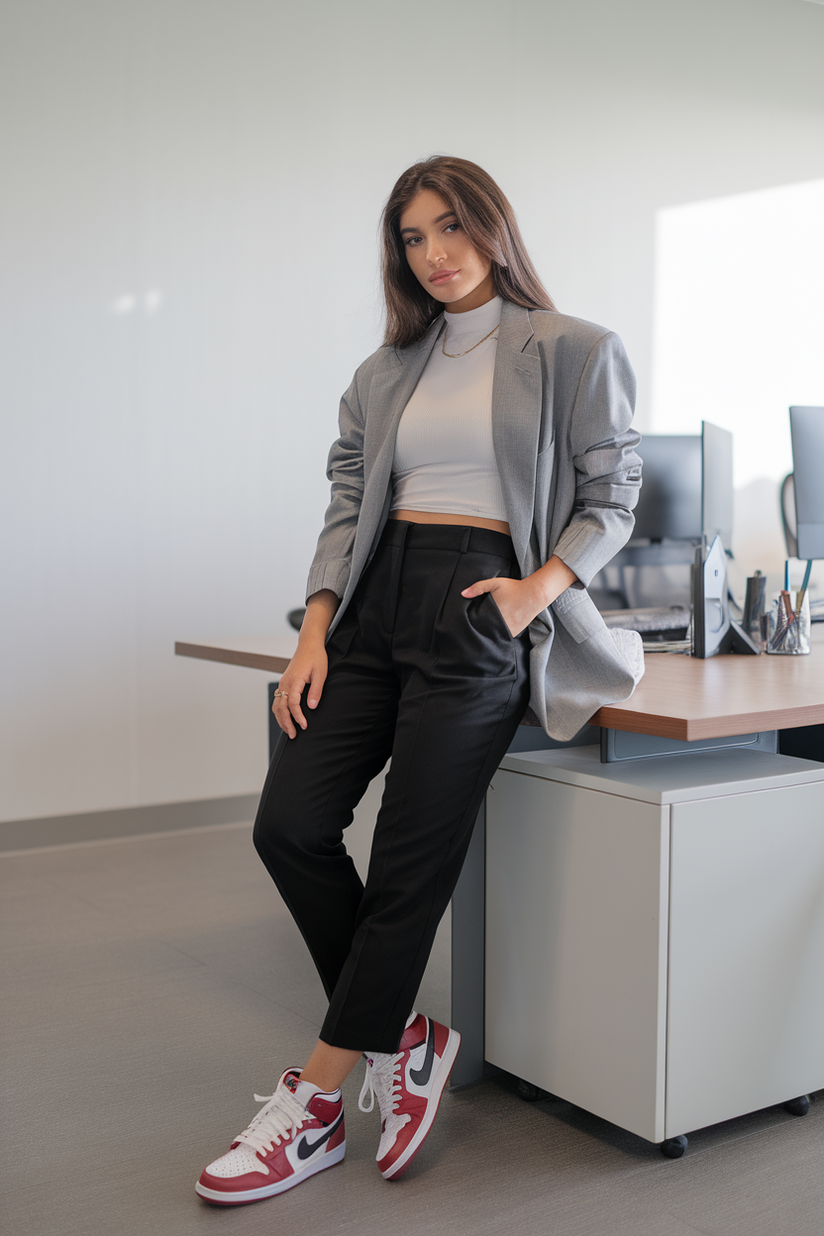 Gray blazer, white tee, black trousers, and red-and-white Jordan 1 sneakers in an office.