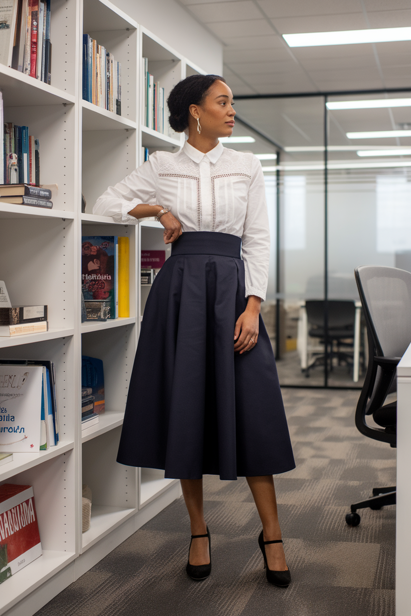 White blouse, navy midi skirt, and black Mary Jane heels in an office.