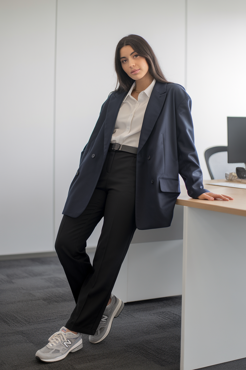 Navy blazer, white button-up, black trousers, and gray New Balance sneakers in an office.