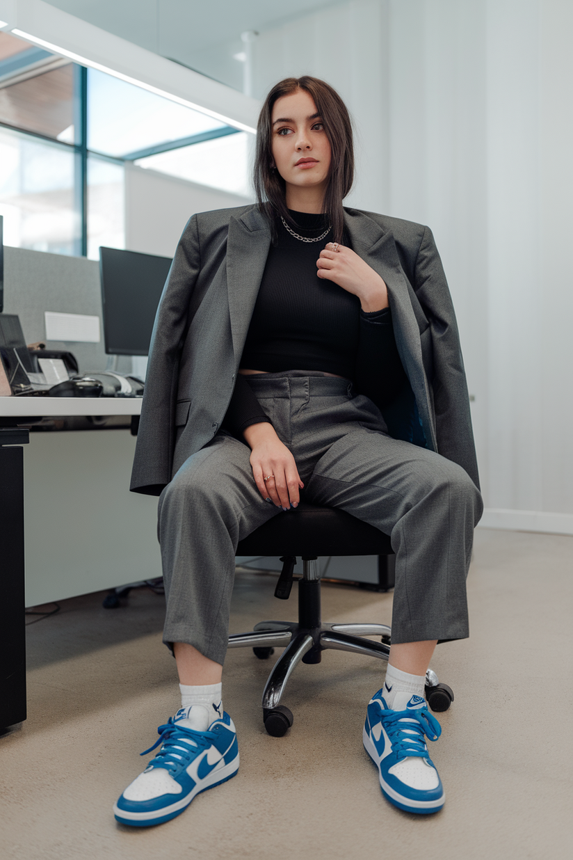 Charcoal blazer, black top, gray trousers, and blue-and-white Nike Dunks in an office.