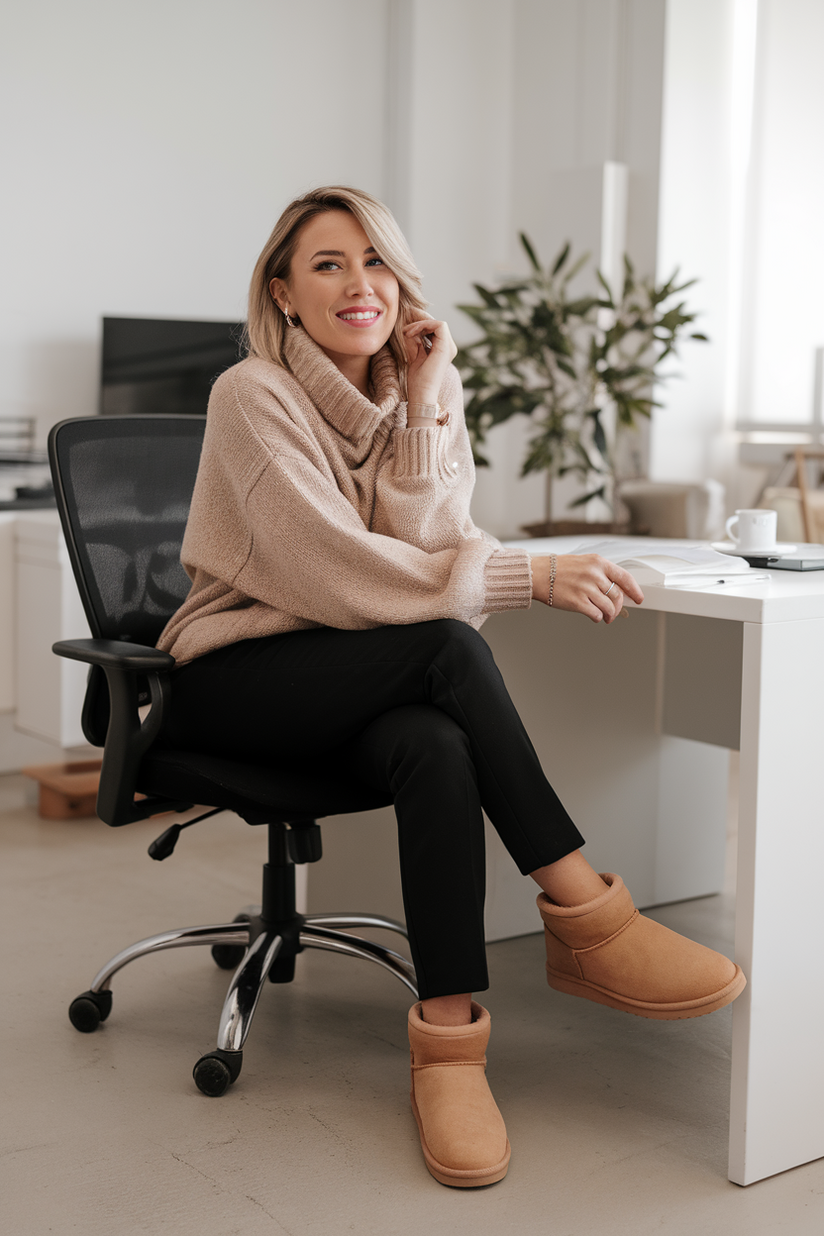 Beige knit sweater, black trousers, and tan Ugg ankle boots in an office.