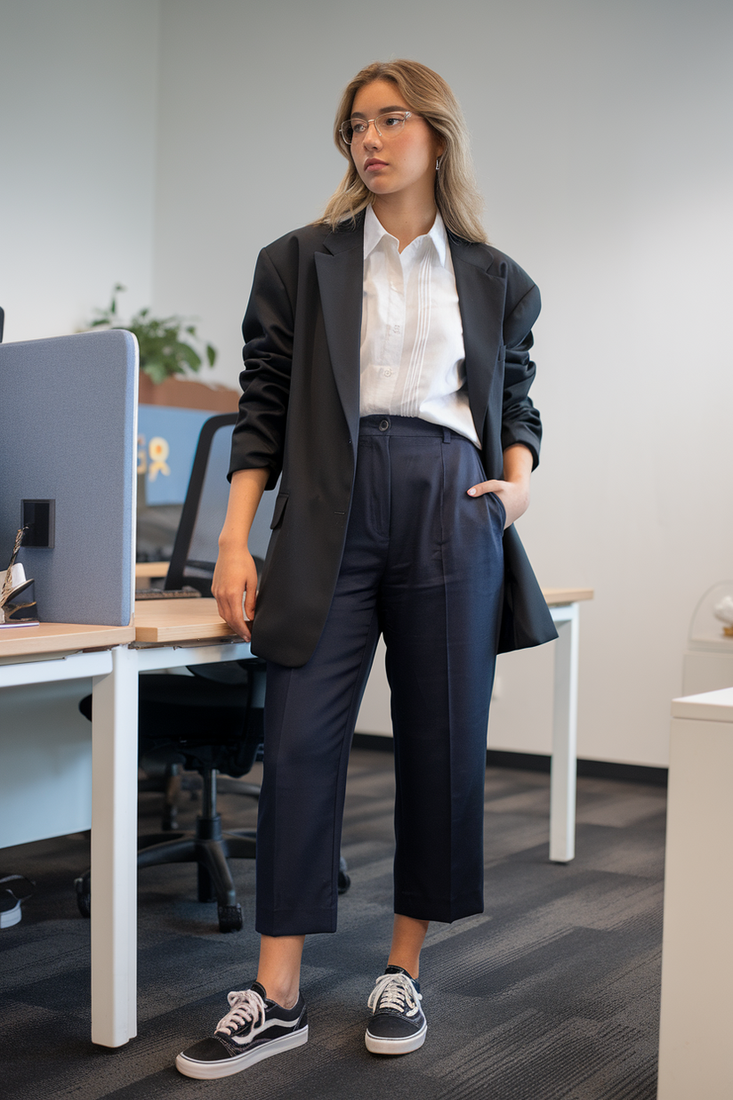 Black blazer, white button-up, navy trousers, and black-and-white Vans in an office.