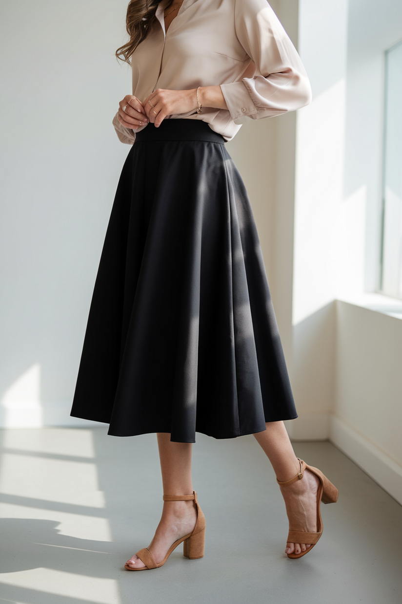 Beige blouse, black A-line midi skirt, and tan ankle-strap heels in an office.