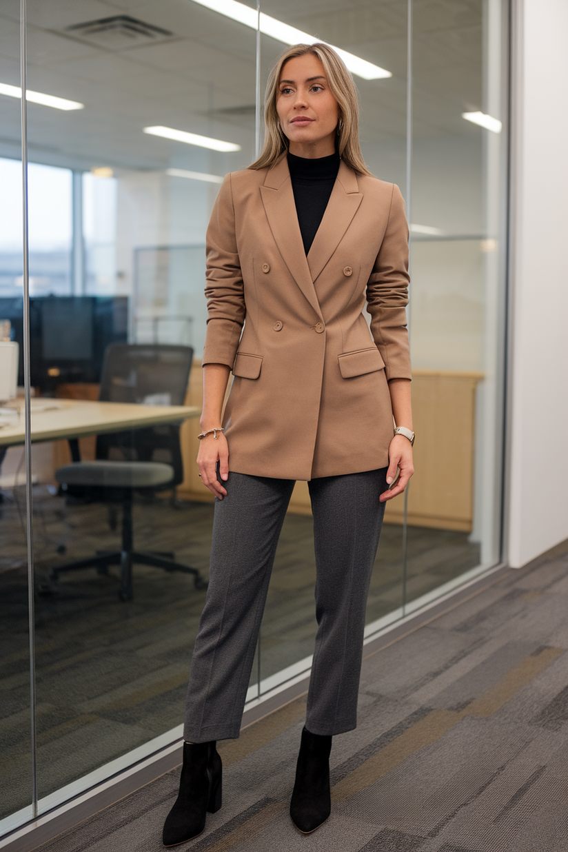 Camel blazer, black turtleneck, gray trousers, and black suede ankle boots in an office.