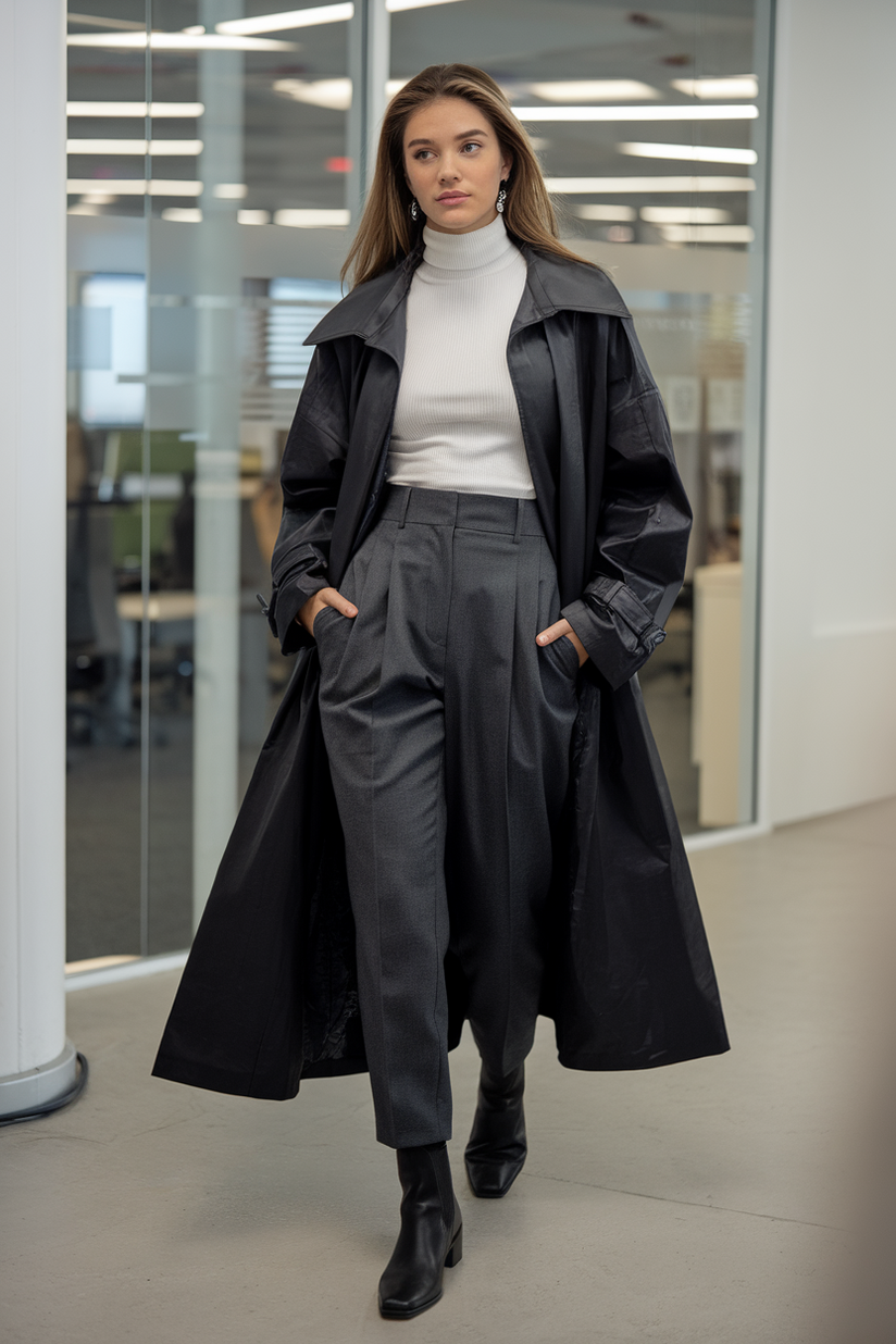 Black trench coat, white turtleneck, gray trousers, and black ankle boots in an office.