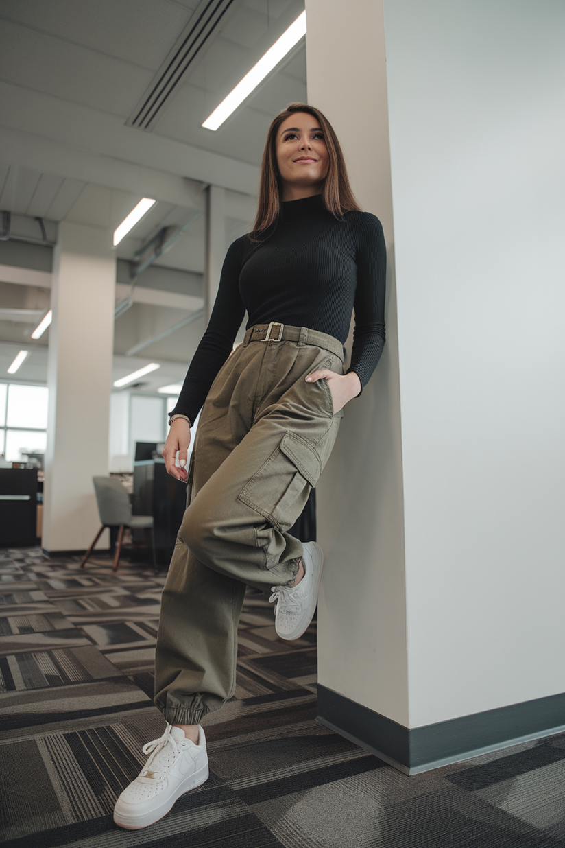 Black turtleneck, olive-green cargo pants, and white sneakers in an office.