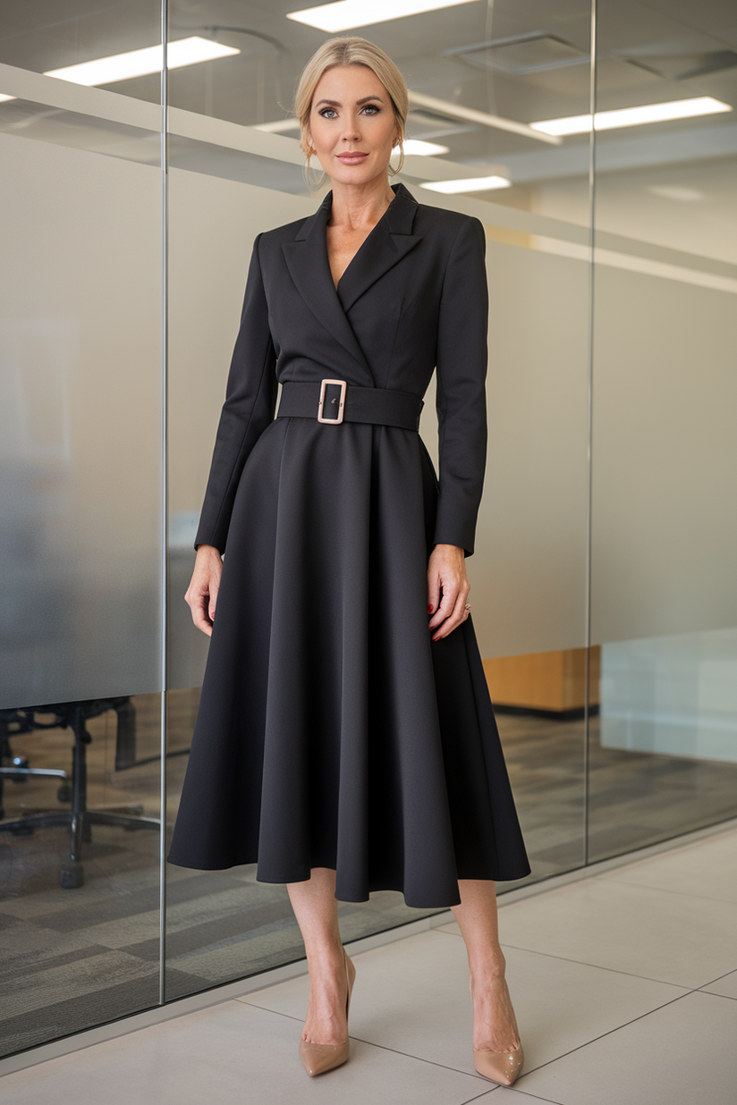 Black midi dress with a belted waist and nude heels in an office.