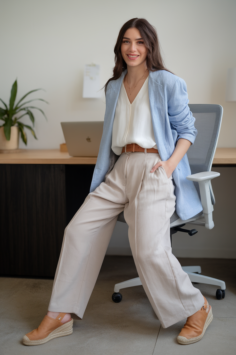 Light blue blazer, white blouse, beige trousers, and tan espadrille wedges in an office.