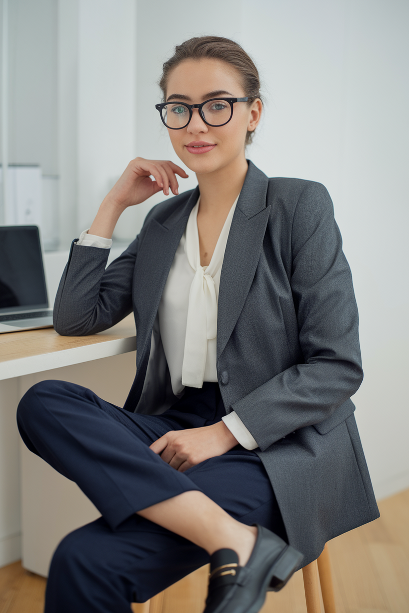 Gray blazer, white blouse, navy trousers, and black loafers in an office.