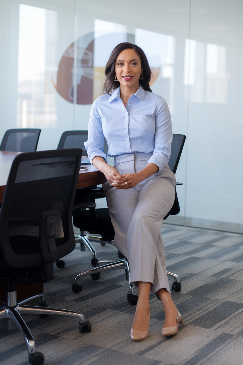 Light blue button-up, gray trousers, and nude ballet flats in an office.