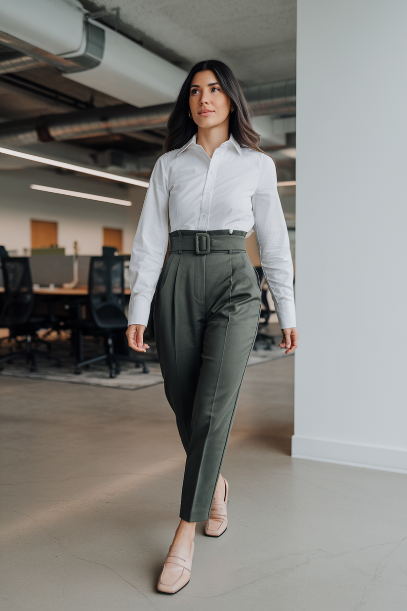 White button-up, dark green trousers, and nude loafers in an office.