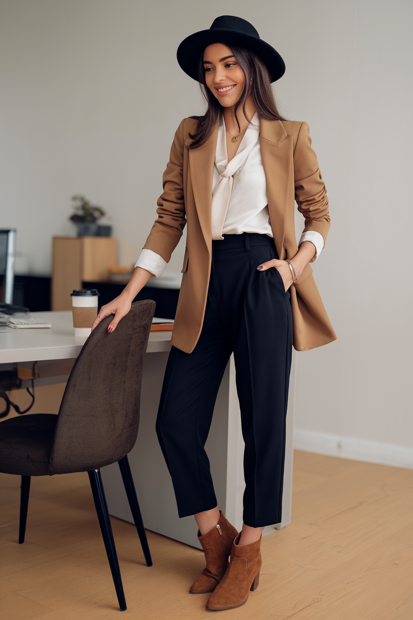 Camel blazer, white blouse, black trousers, and brown ankle boots with a black fedora in an office.