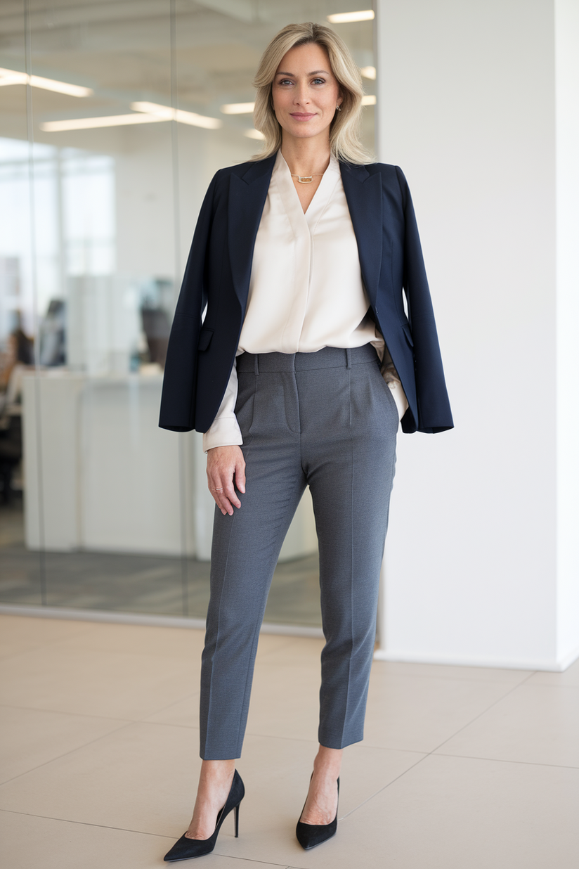 Navy blazer, ivory blouse, gray trousers, and black pointed-toe heels in an office.