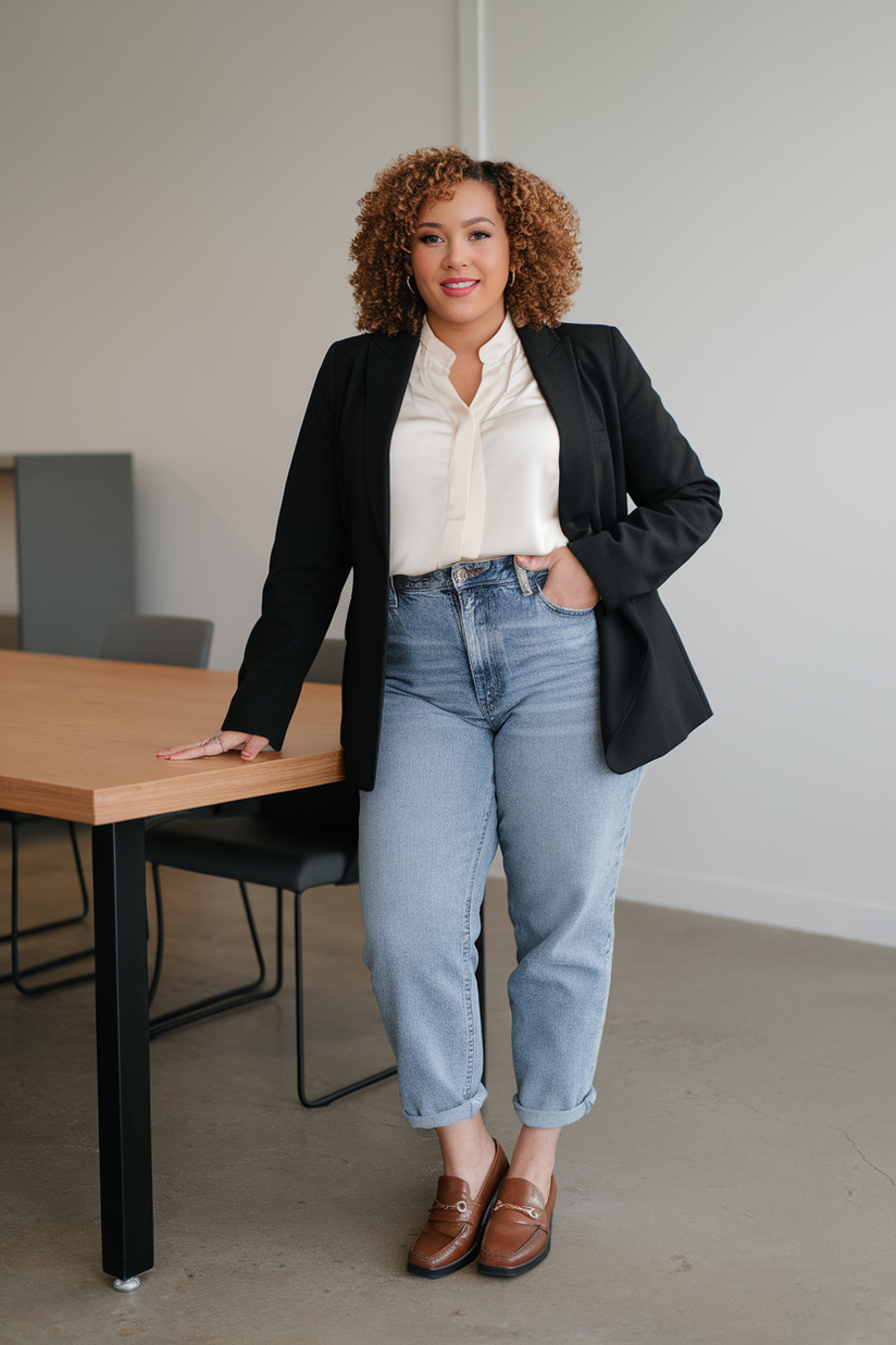 Black blazer, cream blouse, medium-wash jeans, and brown loafers in an office.