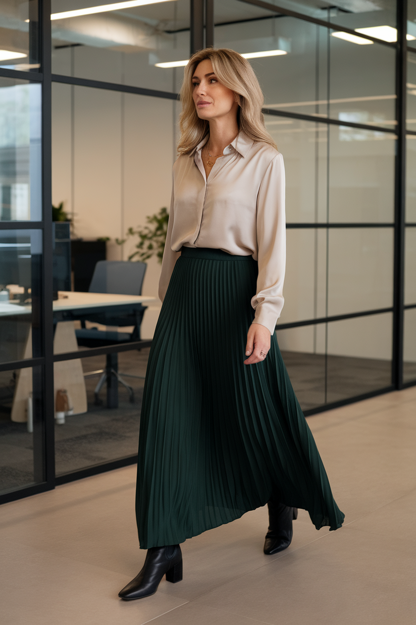 Beige blouse, dark green pleated long skirt, and black ankle boots in an office.