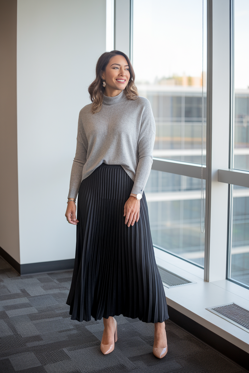 Gray cashmere sweater, black pleated maxi skirt, and nude block heels in an office.