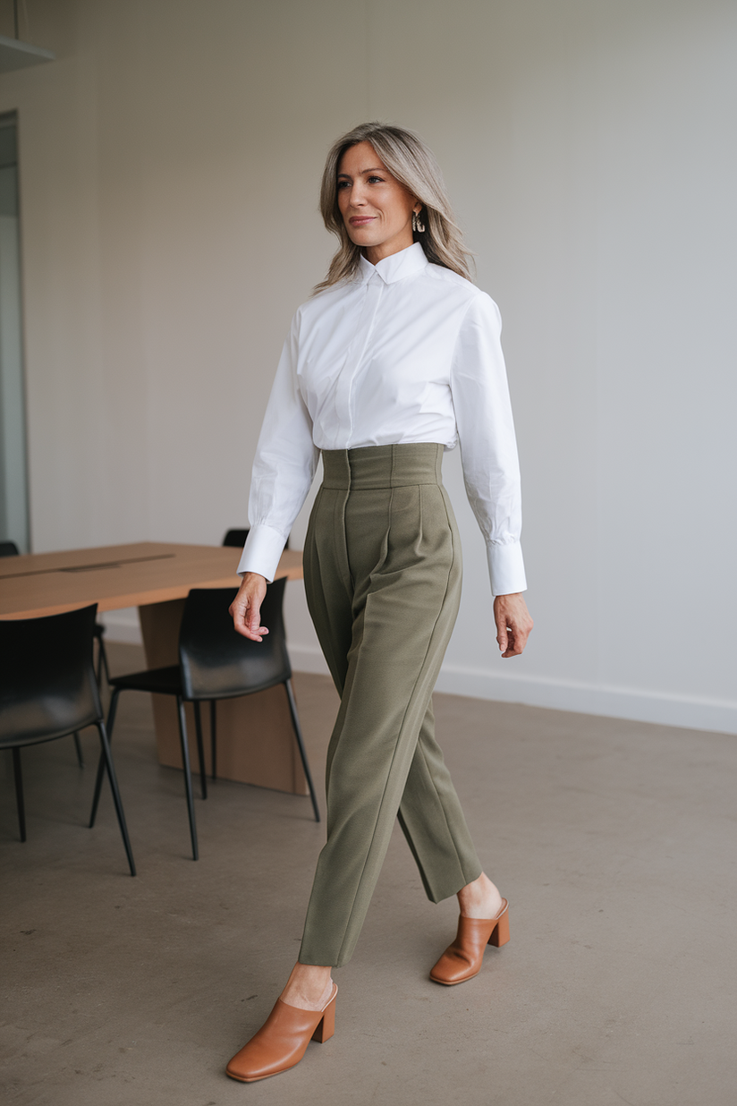 White blouse, olive-green trousers, and tan leather mules in a minimalist office.