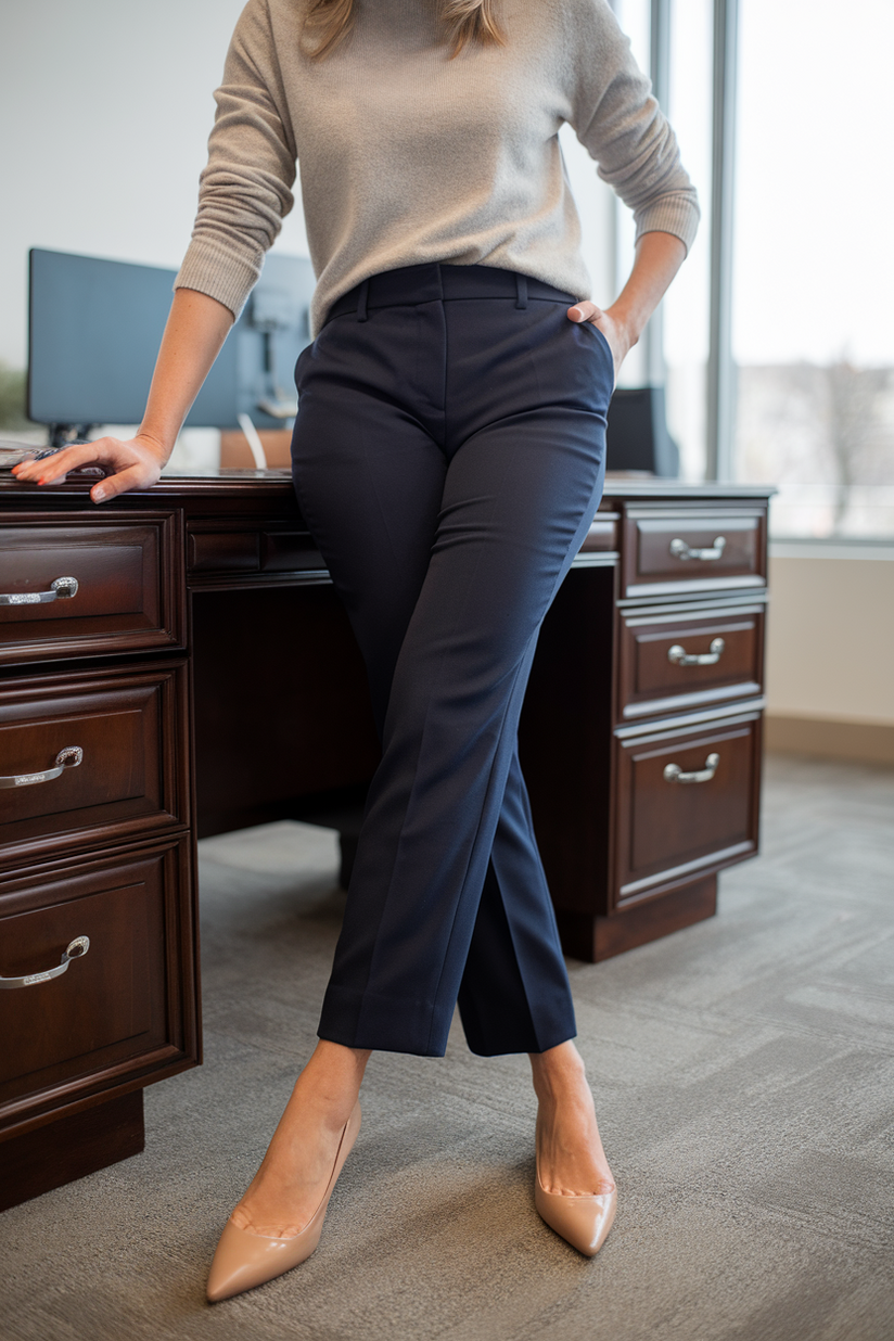 Gray sweater with navy trousers and nude flats in an office.