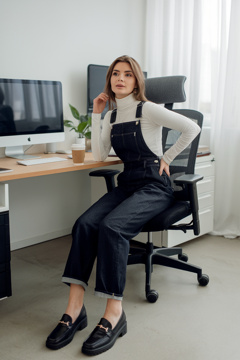 Dark denim overalls, white turtleneck, and black loafers in an office.