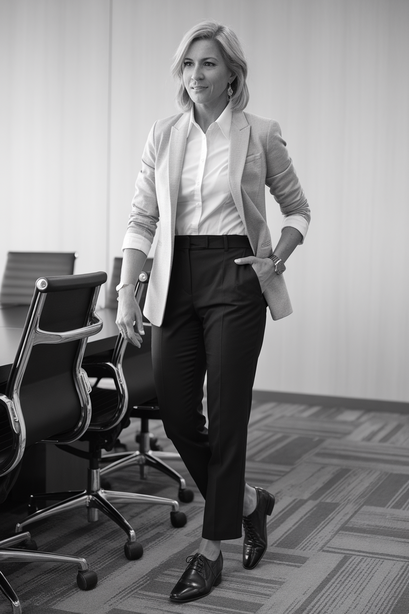 Light gray blazer, white button-up, black trousers, and black leather oxfords in an office.