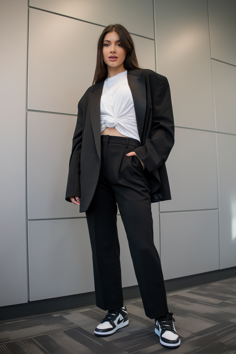 Black blazer, white tee, black trousers, and black-and-white Panda Dunks in an office.