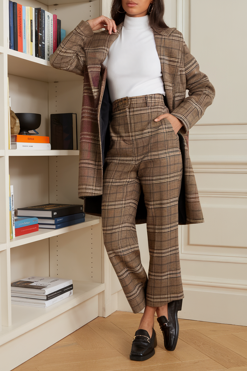 White turtleneck, brown plaid trousers, and black loafers in an office.