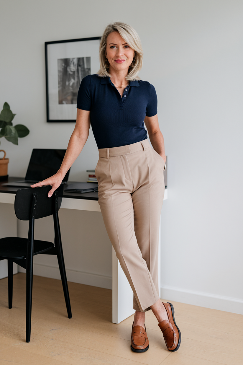 Navy polo shirt, beige trousers, and brown loafers in an office.