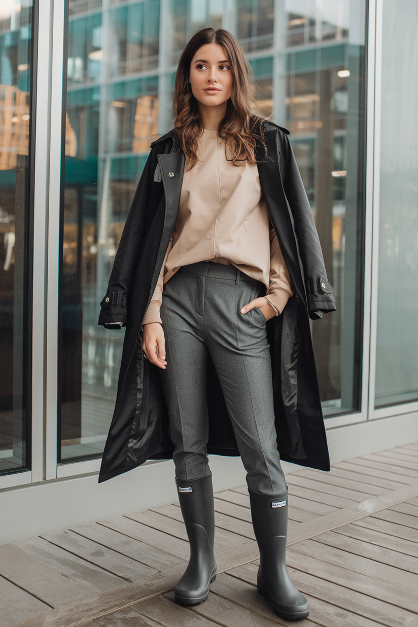 Black trench coat, beige sweater, gray trousers, and black rain boots in an office.