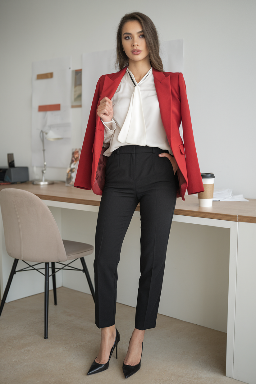 Red blazer, white blouse, black trousers, and black heels in an office.