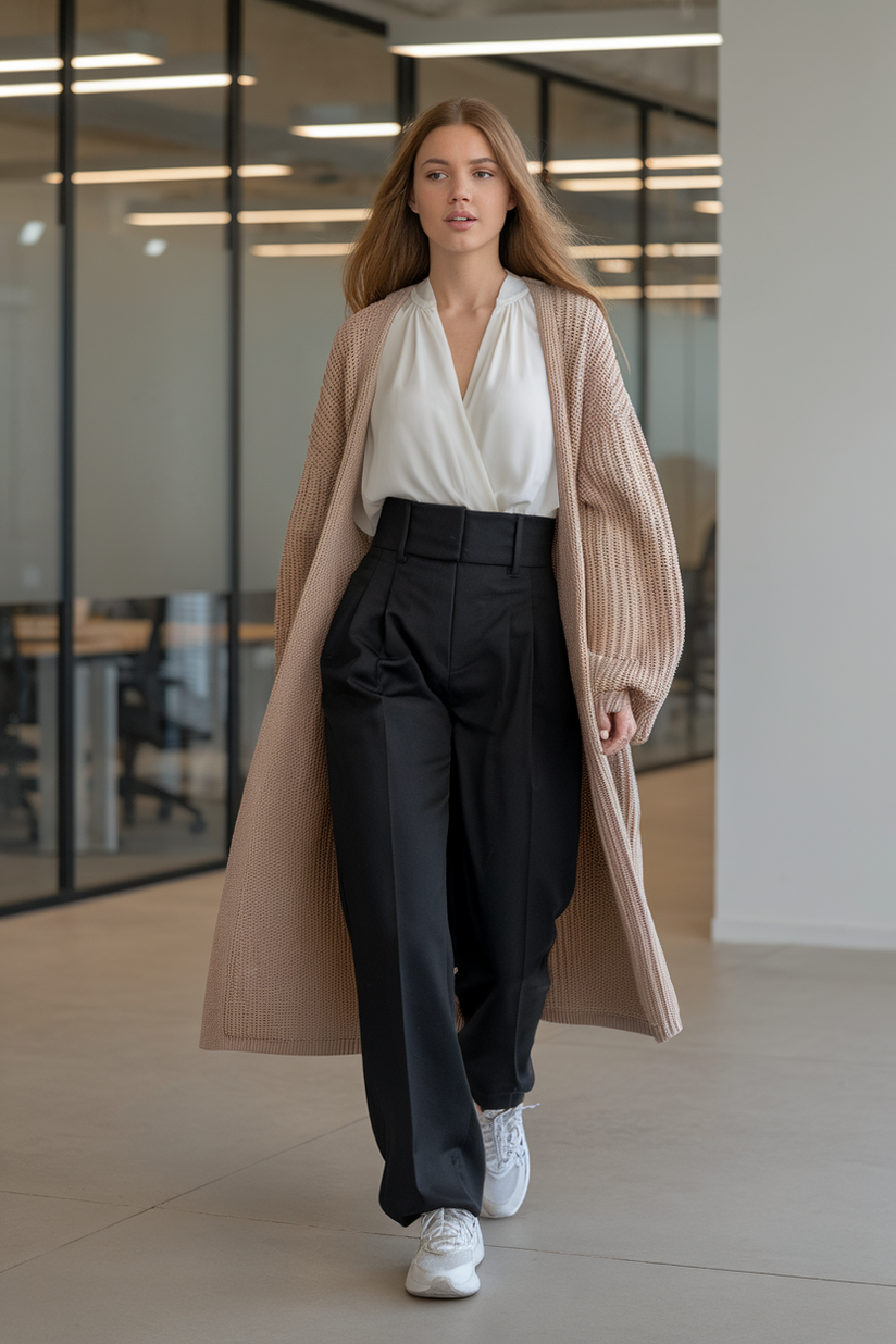 Beige cardigan, white blouse, black trousers, and white running shoes in an office.