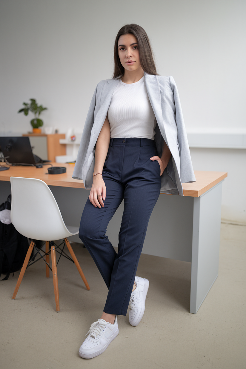 White T-shirt, navy trousers, gray blazer, and white sneakers in an office.