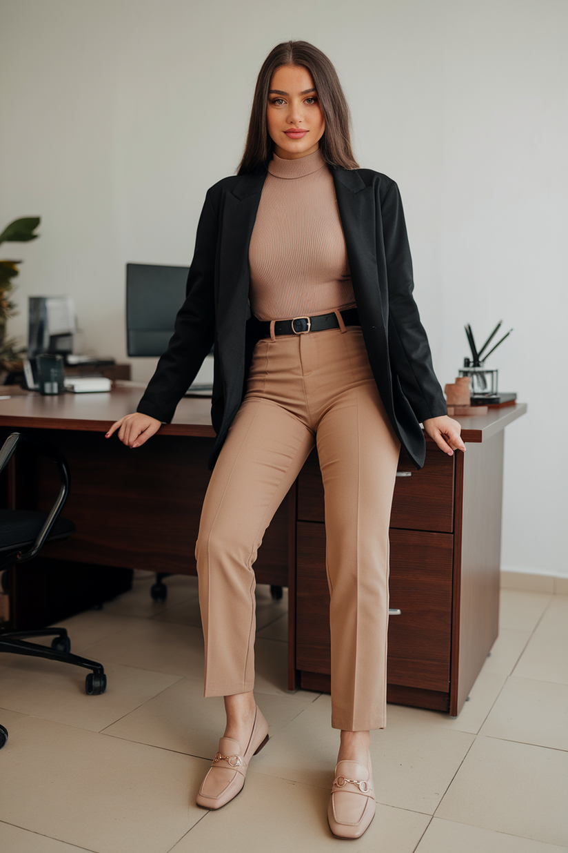 Black blazer, beige turtleneck, tan trousers, and nude loafers in an office.