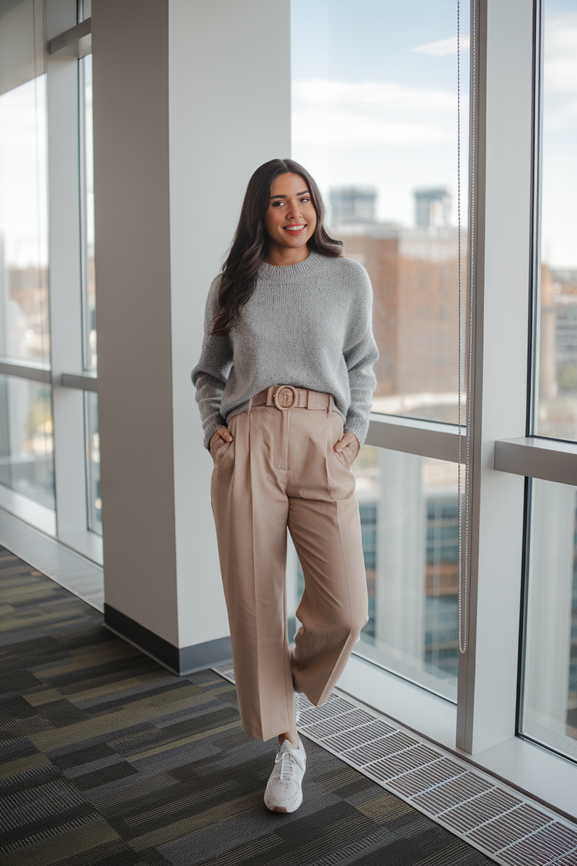 Gray knit sweater, beige trousers, and white tennis sneakers in an office.