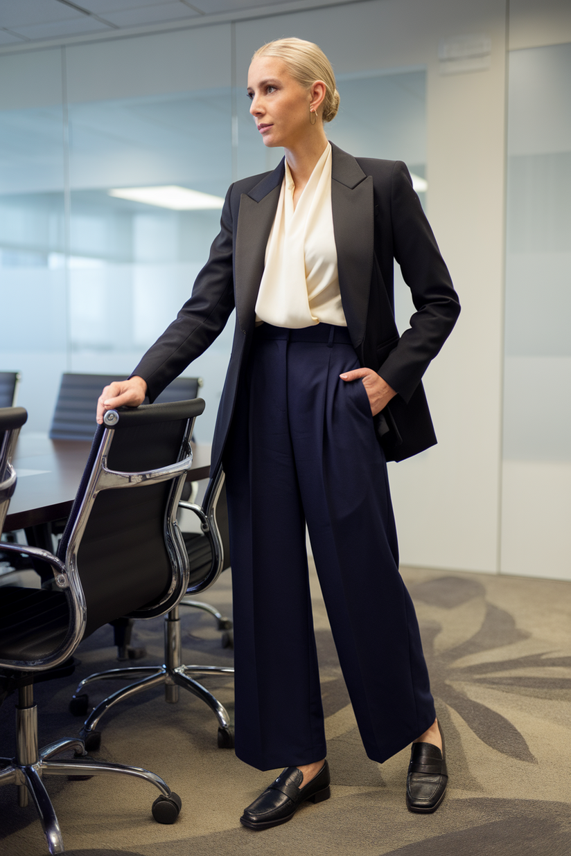 Black blazer, cream blouse, navy trousers, and black loafers in an office.