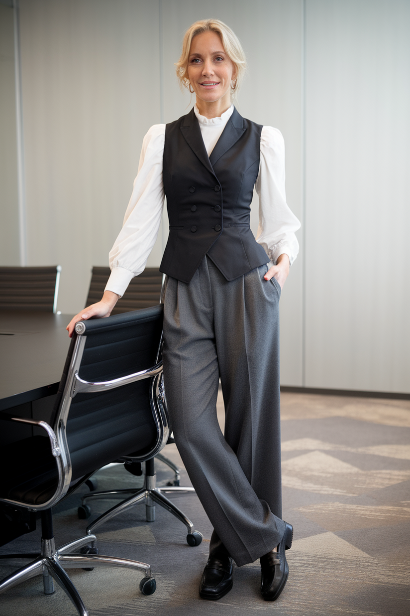 Black vest, white blouse, gray trousers, and black loafers in an office.