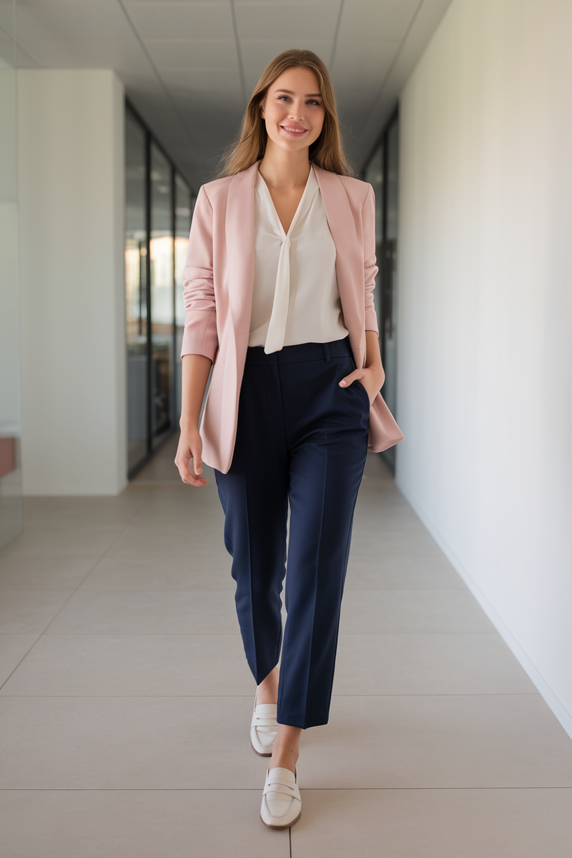 Blush pink blazer, white blouse, navy trousers, and white loafers in an office.