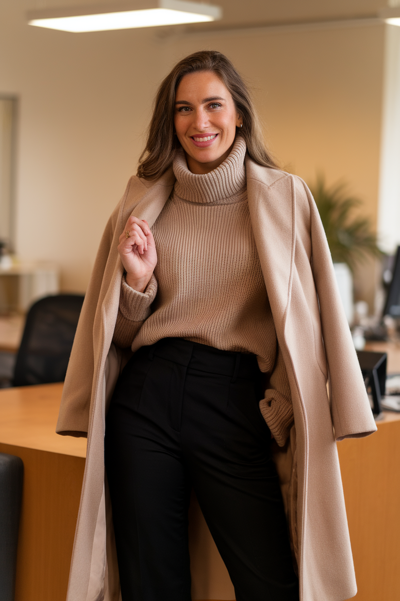 Beige turtleneck sweater, black trousers, camel coat, and black ankle boots in an office.