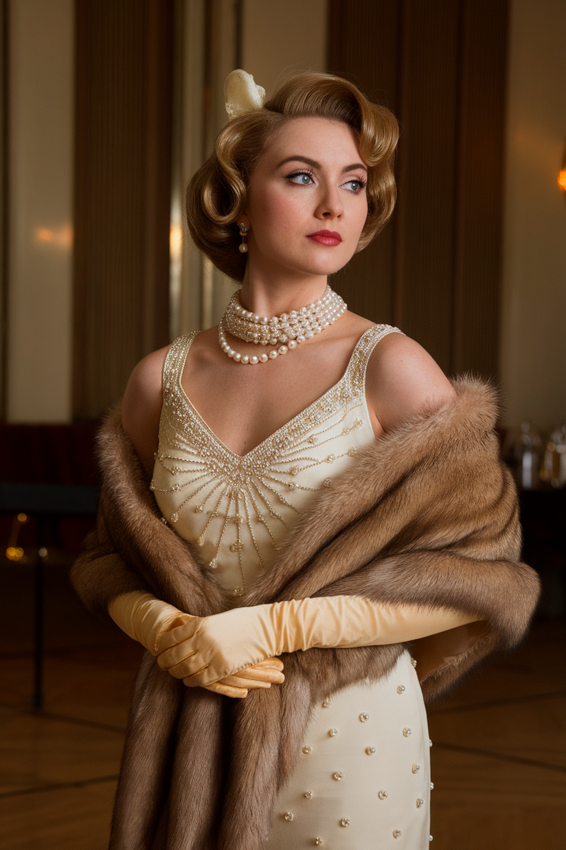 A woman wears a beaded cream silk dress with pearl jewelry, reflecting 1920s old money elegance.