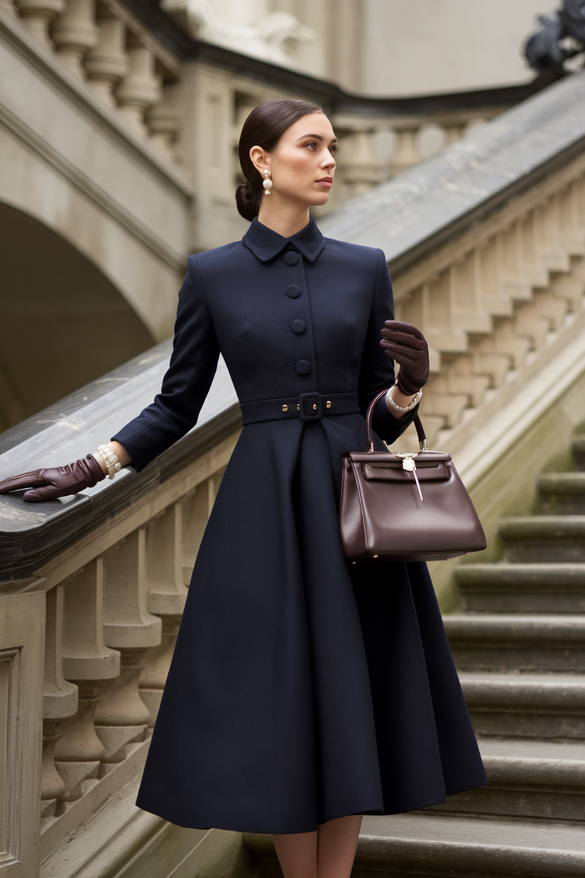 A woman wears a navy wool midi dress with pearl earrings and gloves, embodying 1950s old money style.