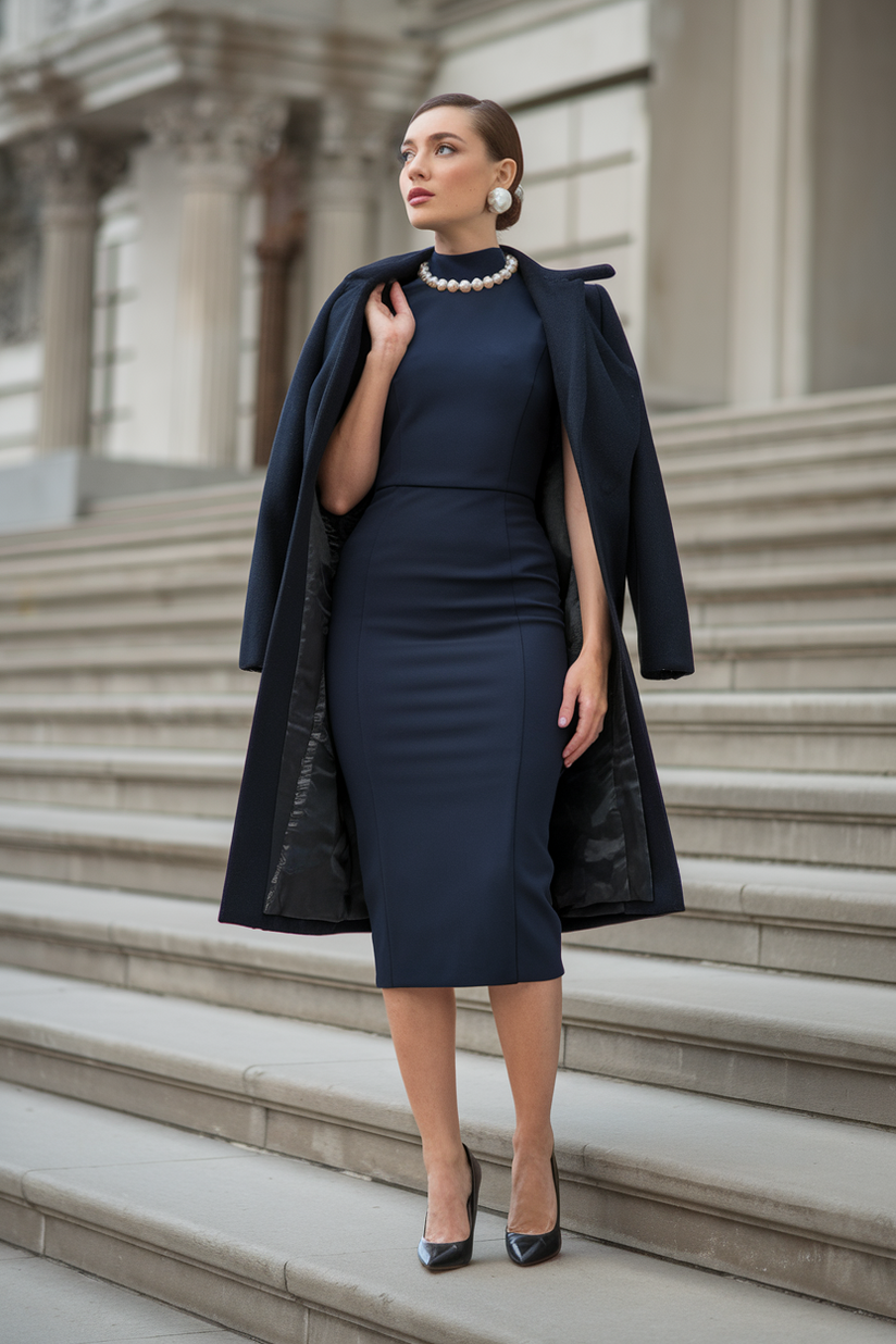 A woman in a navy midi dress with pearl earrings and black pumps presents a refined 1960s old money look.