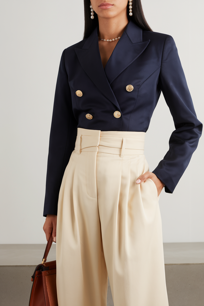 A woman in high-waisted cream trousers and a navy blazer exudes 1980s old money elegance.